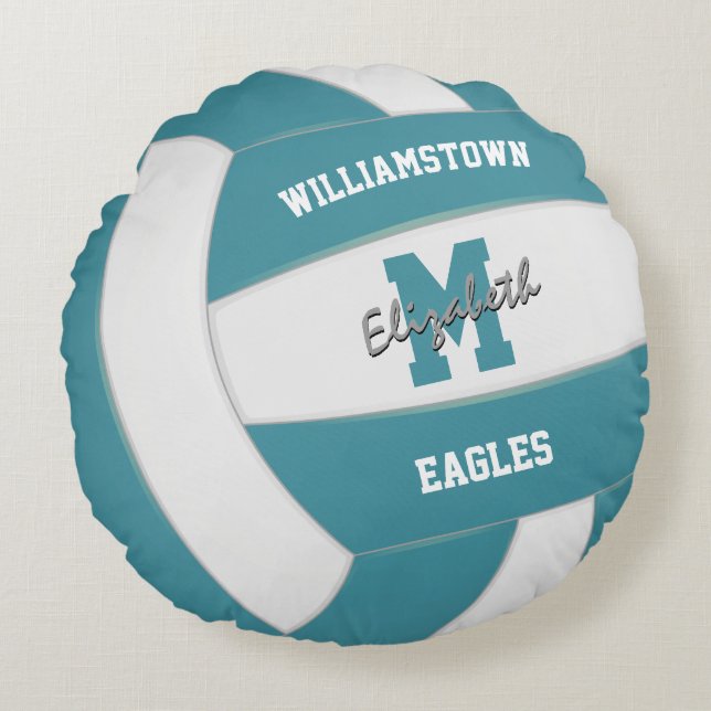 teal and white team colours girls boys volleyball round pillow (Front)