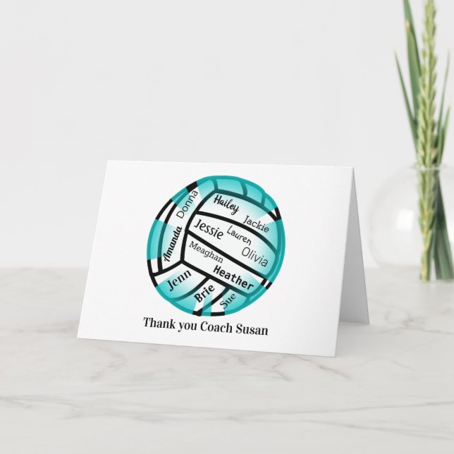 Teal and White Volleyball Thank You Coach Card (Front)