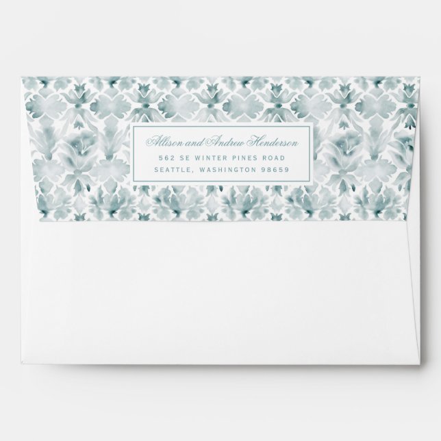 Teal and White Watercolor Damask Wedding Envelope (Back (Top Flap))