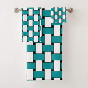 Teal and White Weave Geometric Pattern Bath Towel Set