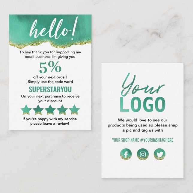 Teal And White With Gold Glitter Thank You Logo Business Card (Front/Back)