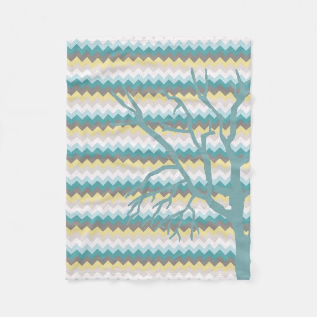 Teal and Yellow Chevron Winter Tree Fleece Blanket (Front)