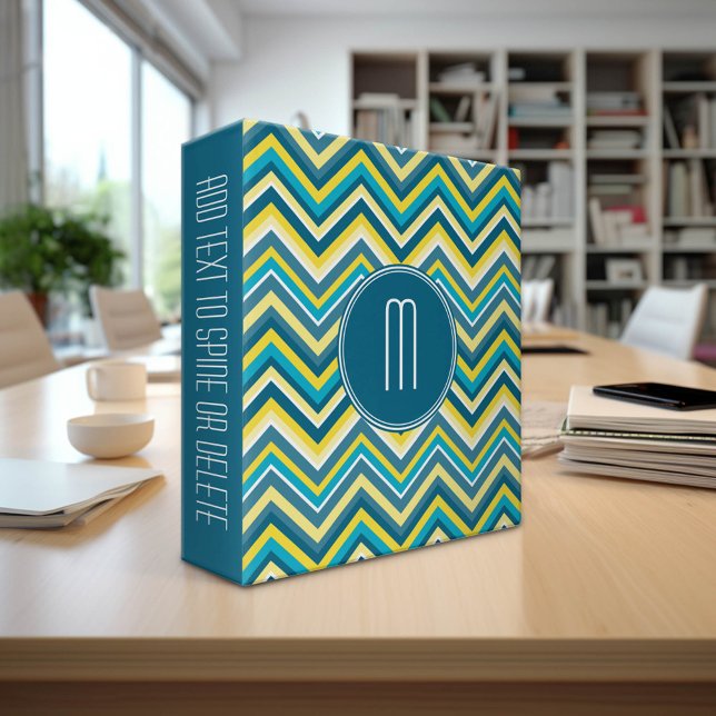 Teal and Yellow Colourful Chevron Pattern Monogram Binder (Custom Office and School Binder)