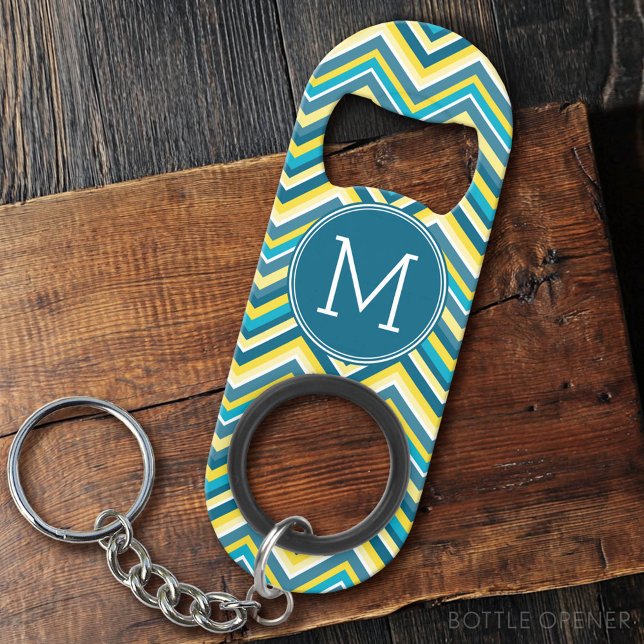 Teal and Yellow Colourful Chevron Pattern Monogram Keychain Bottle Opener (Custom Bottle Opener)
