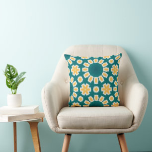 Teal and Yellow Floral Geometric  Throw Pillow