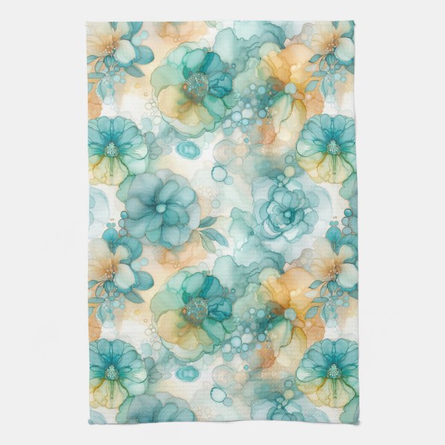 Teal and Yellow Flowers Alcohol Ink Illustration  Kitchen Towel (Vertical)
