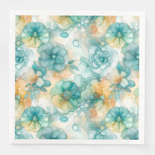 Teal and Yellow Flowers Alcohol Ink Illustration Napkin