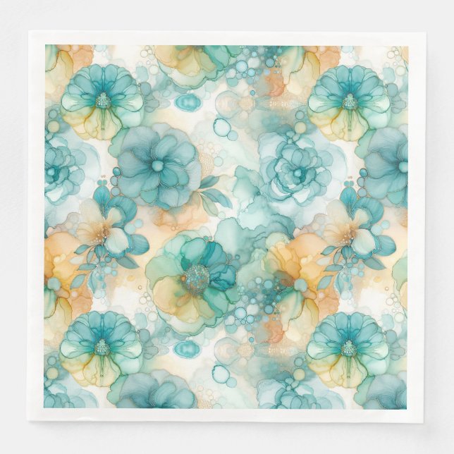 Teal and Yellow Flowers Alcohol Ink Illustration  Napkin (Front)