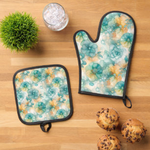 Teal and Yellow Flowers Alcohol Ink Illustration  Oven Mitt & Pot Holder Set