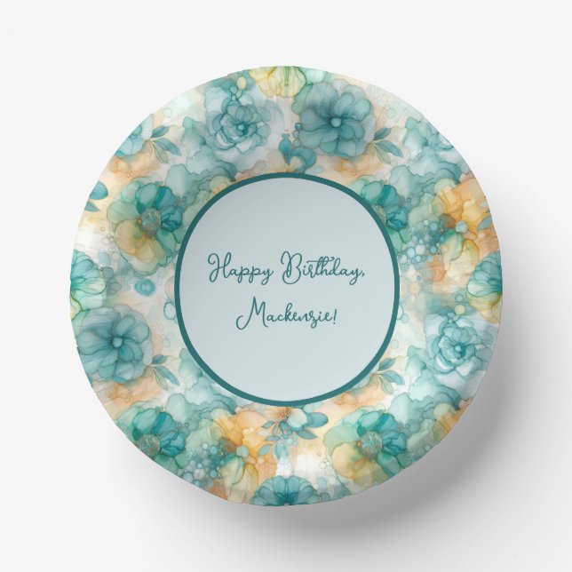 Teal and Yellow Flowers Alcohol Ink Illustration  Paper Plate (Front)