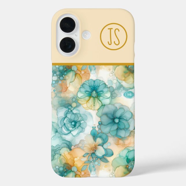 Teal and Yellow Flowers Alcohol Ink Monogrammed Case-Mate iPhone Case (Back)