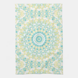 Teal and Yellow Geometric Mandala Pattern Kitchen Towel