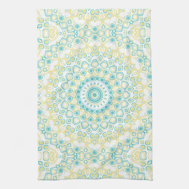 Teal and Yellow Geometric Mandala Pattern Kitchen Towel (Vertical)