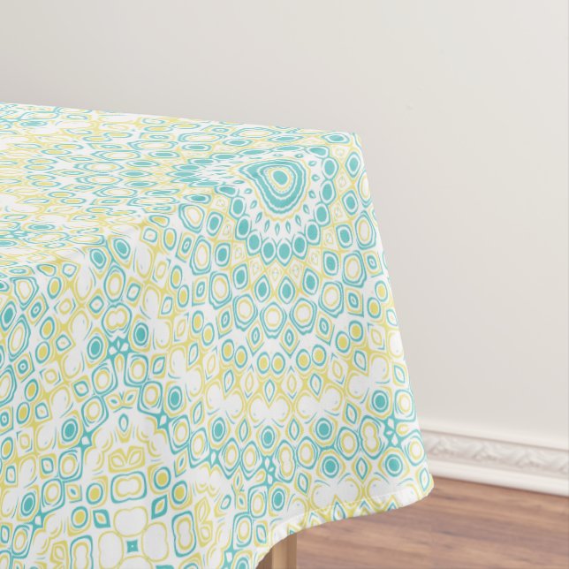 Teal and Yellow Geometric Mandala Pattern Tablecloth (In Situ)