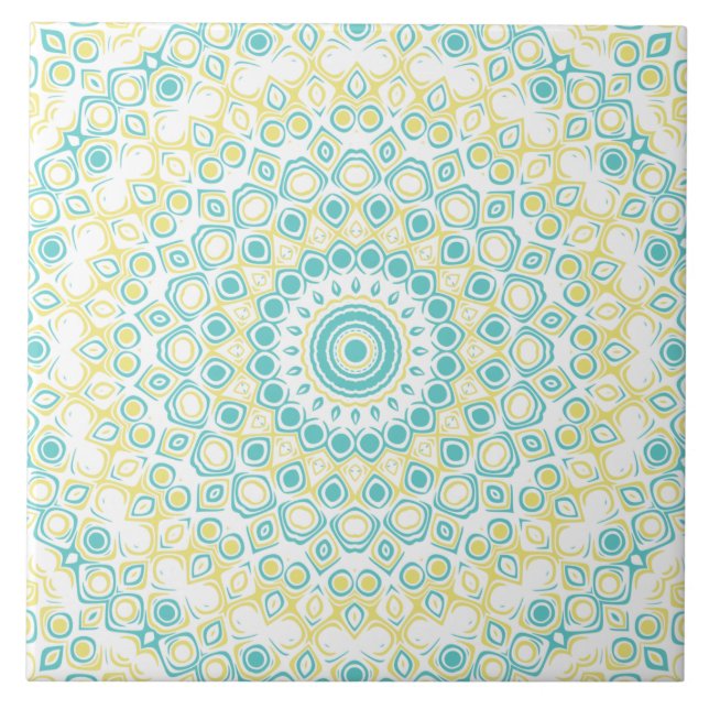 Teal and Yellow Geometric Mandala Pattern Tile (Front)