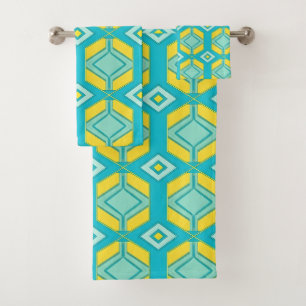 Teal and Yellow Hexagon Geometric Retro Art Bath Towel Set