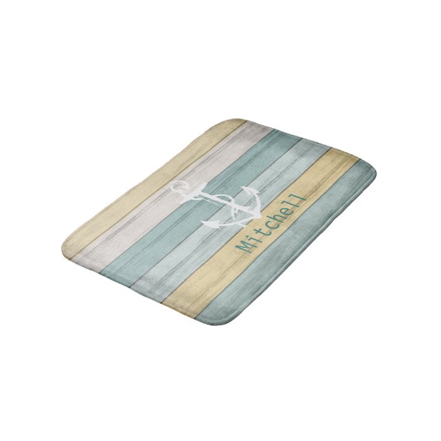 Teal and Yellow Nautical Wood with Anchor Bath Mat (Angled)