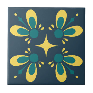 Teal and yellow on Blue Intricate Floral pattern C Tile