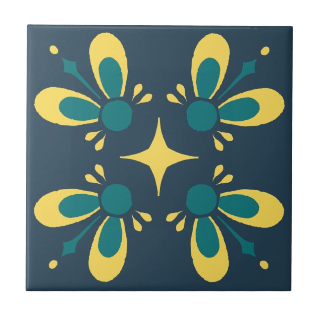 Teal and yellow on Blue Intricate Floral pattern C Tile (Front)