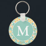 Teal and Yellow Spring Flower Pattern Monogram Keychain<br><div class="desc">Pretty pastel teal and yellow spring flower pattern.</div>