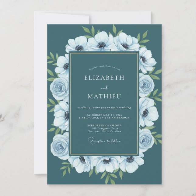 Teal Anemone Painted Wedding Invitation (Front)