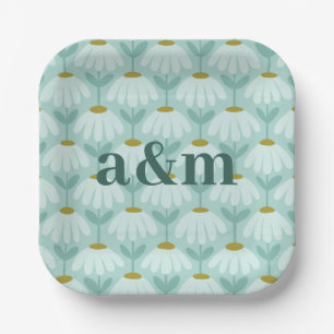 Teal Anniversary Wedding Monogram Daisies Floral Paper Plate