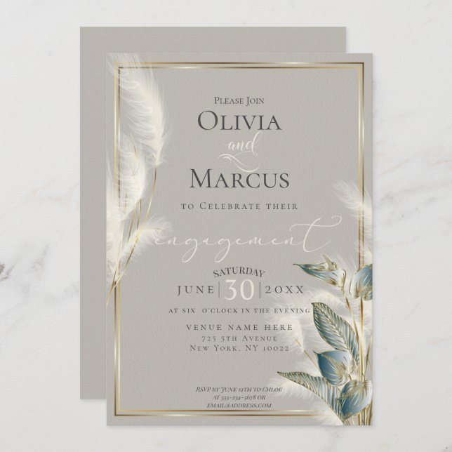 Teal Anthurium Feathery Pampas Grass Engagement Invitation (Front/Back)
