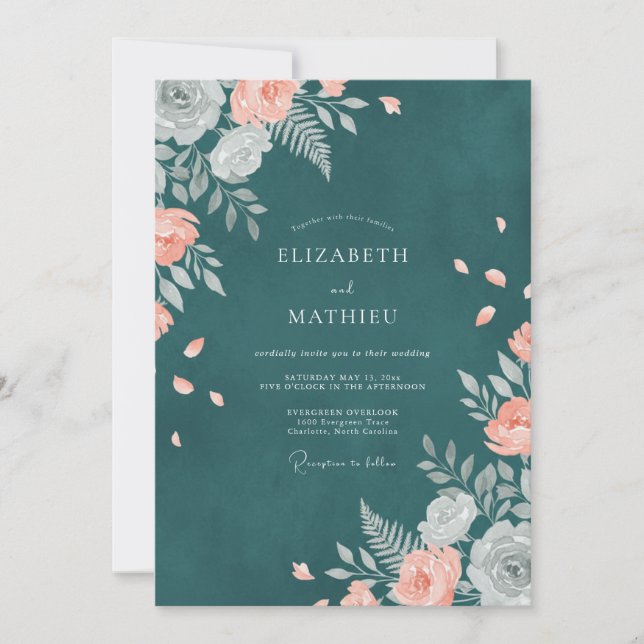 Teal Apricot Ranunculus Muted Eucalyptus Wedding Invitation (Front)
