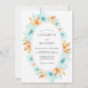 Teal Apricot Wreath Wedding Invitation