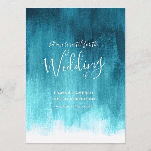 Teal aqua abstract art painted wedding program (Front)