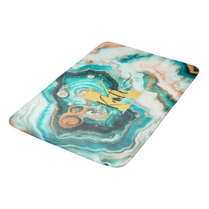 Teal Aqua Agate Golden Custom Modern Monogram Bath Mat
