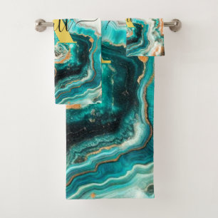 Teal Aqua Agate Golden Custom Modern Monogram Bath Towel Set