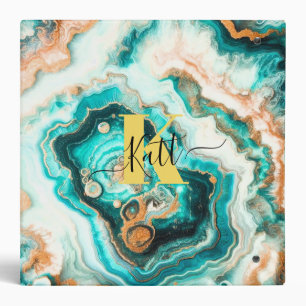 Teal Aqua Agate Golden Custom Modern Monogram Binder