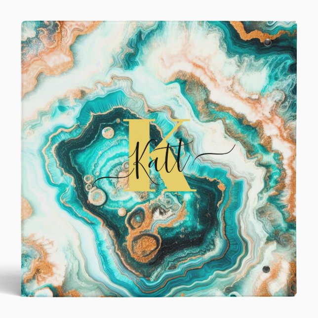 Teal Aqua Agate Golden Custom Modern Monogram Binder (Back)