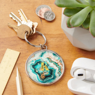Teal Aqua Agate Golden Custom Modern Monogram Keychain