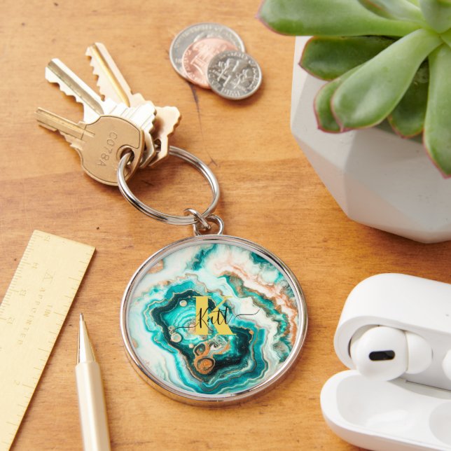 Teal Aqua Agate Golden Custom Modern Monogram Keychain (Desk)