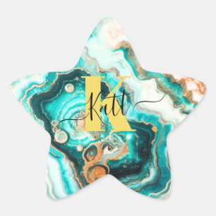 Teal Aqua Agate Golden Custom Modern Monogram Star Sticker
