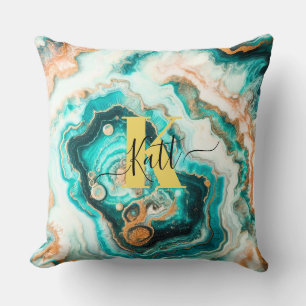 Teal Aqua Agate Golden Custom Modern Monogram Throw Pillow