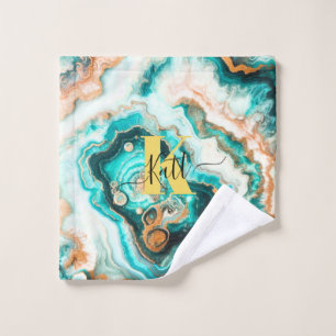 Teal Aqua Agate Golden Custom Modern Monogram Wash Cloth
