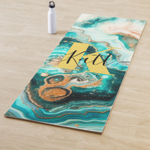 Teal Aqua Agate Golden Custom Modern Monogram Yoga Mat