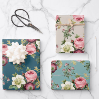 Teal, Aqua and Beige Vintage Floral Rose Pattern Wrapping Paper Sheet