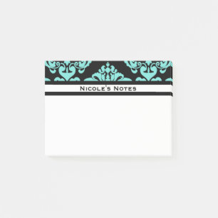 Teal Aqua Black Damask Pattern Modern Personalized Post-it Notes