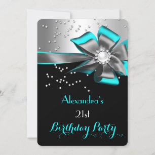 Teal Aqua Black Silver Bow Pearl Birthday Party Invitation
