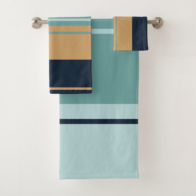 Teal Aqua Blue and Gold Stripes Bath Towel Set (Insitu)