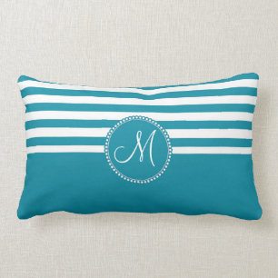 Teal Aqua Blue and White Striped Monogram Lumbar Pillow