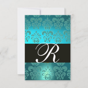 TEAL AQUA BLUE BLACK DAMASK MONOGRAM RSVP CARD