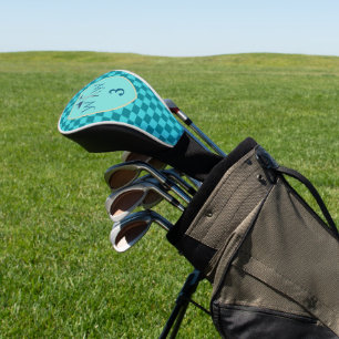 Teal & Aqua Blue Chequered Monogram  Golf Head Cover