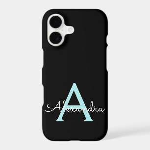 Teal Aqua Blue Girly Script Monogram Name Modern