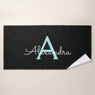 Teal Aqua Blue Girly Script Monogram Name Modern Bath Towel