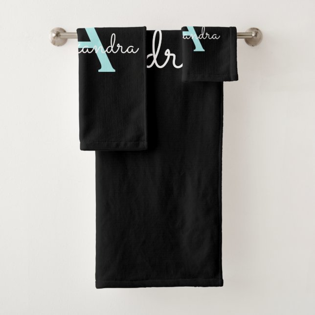 Teal Aqua Blue Girly Script Monogram Name Modern Bath Towel Set (Insitu)